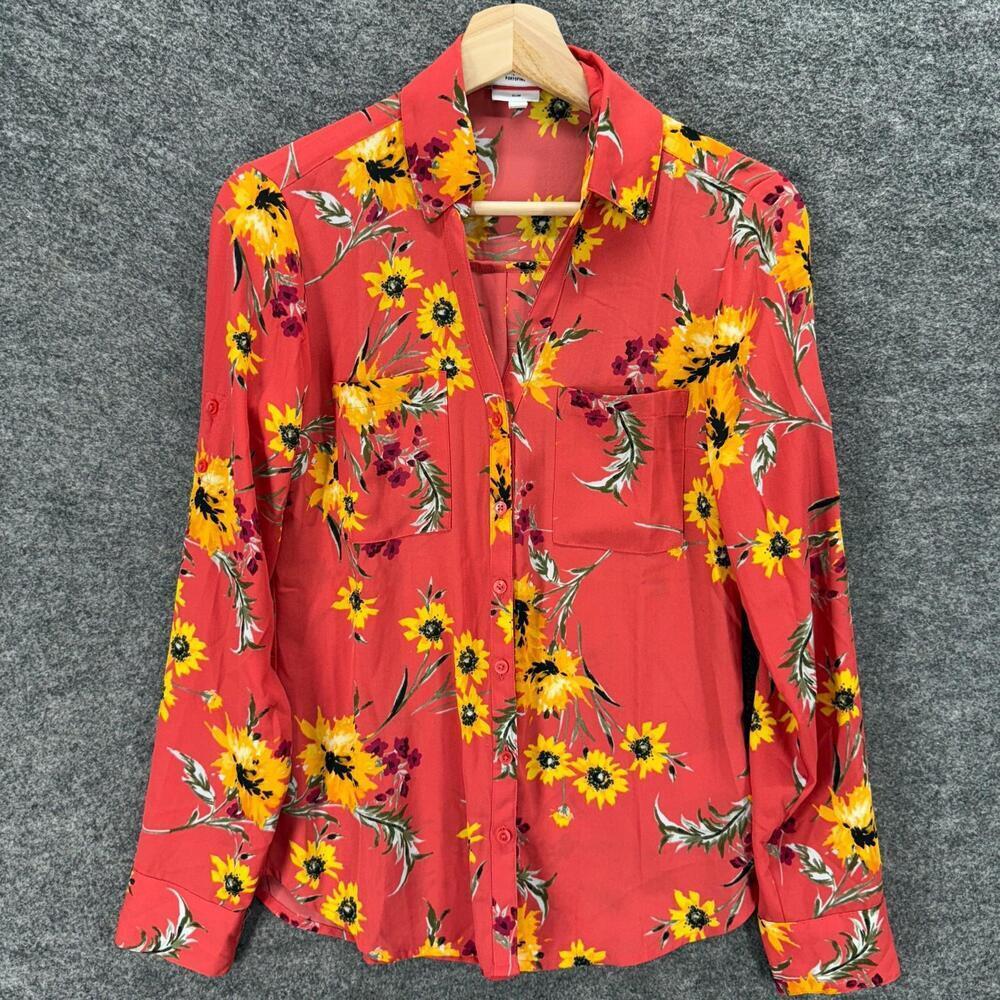 Express Shirt Women XS Red Floral Button Up Collared Long Sleeve Portfolio Slim